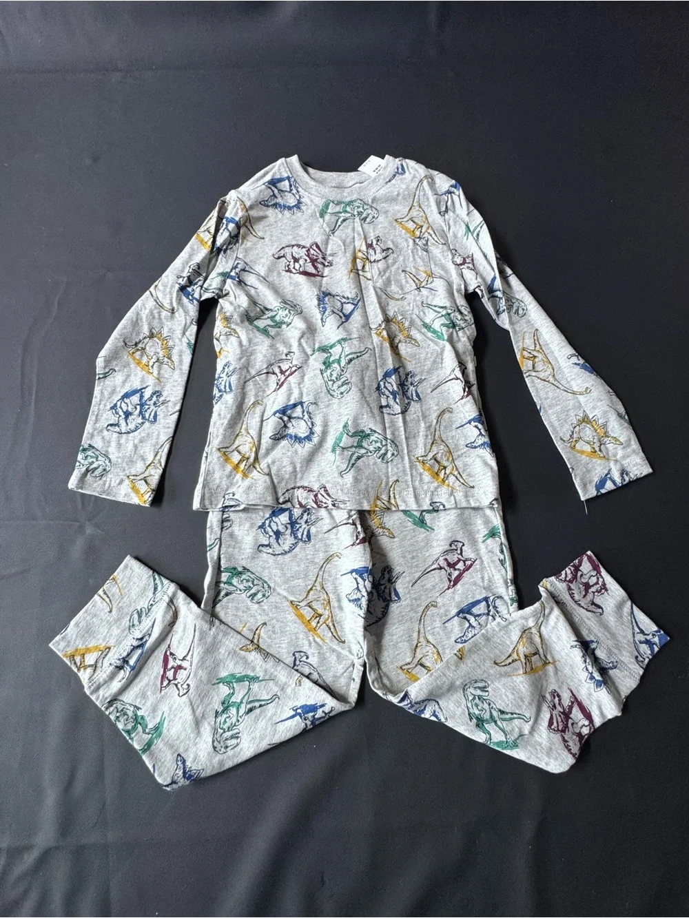 GAP Gray Long Sleeve Kids Pajama Set with Multicolor Dinosaur Prints